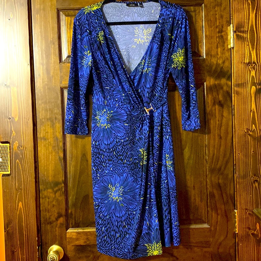 Blue, black and yellow dress with flattering wrap waistline.